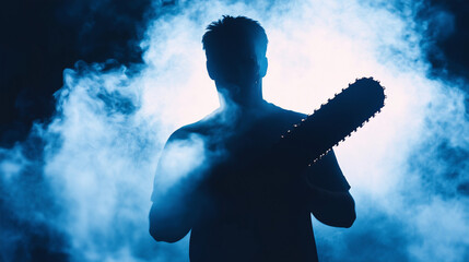 A haunting image of a shadowy figure gripping a chainsaw, their silhouette emerging through swirling dark smoke. This terrifying composition instantly recalls the suspense and fear