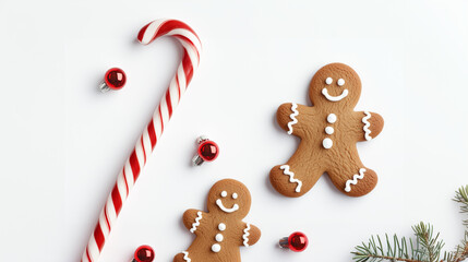 Create a festive Christmas design element featuring a classic red-and-white striped candy cane and cheerful gingerbread men. The design includes a transparent background with a sub