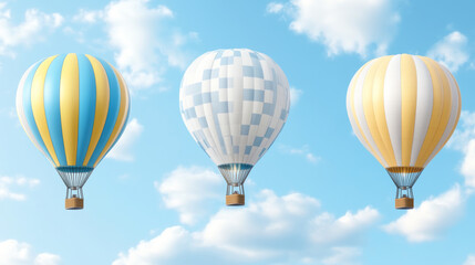 Naklejka premium Realistic set of hot air balloon mockups isolated on transparent background. Vector illustration of white and yellow blue color inflatable aircraft with basket for recreation travel, flight adventure