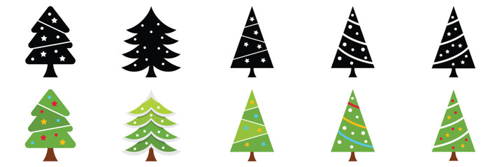 Various Christmas tree silhouettes. Pine Trees vector trees set. Tree icons set in a modern flat style. Vector silhouette graphic trees element .New year symbols, xmas decorative trees doodle style.