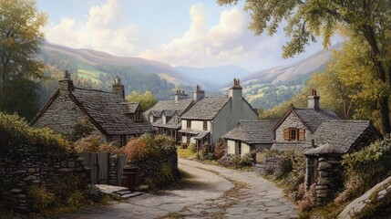 Fototapeta premium Charming rural village nestled in the picturesque Lake District surrounded by lush greenery and stunning mountainous landscape.