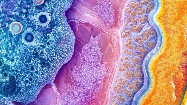 Cross section of stomach tissue revealing intricate cellular structure and vivid coloration under microscopic view for educational purposes