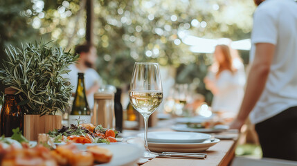 Summer Gathering: A glass of white wine sits on a table laden with appetizers,  as friends gather in a backyard setting for a casual outdoor dinner party.  The sun shines through the lush greenery.