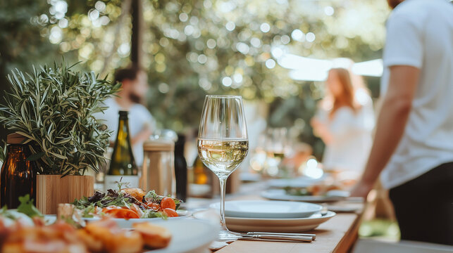 Summer Gathering: A glass of white wine sits on a table laden with appetizers,  as friends gather in a backyard setting for a casual outdoor dinner party.  The sun shines through the lush greenery.