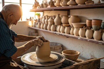 Elderly potter crafting clay vase in sunlit workshop amid ceramic creations