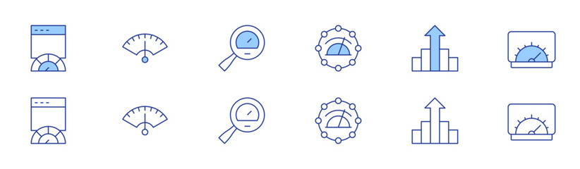 Performance icon set in two styles, Duotone and Thin Line style. Editable stroke. speed, speedometer, bandwidth, growth, measurer