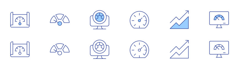 Performance icon set in two styles, Duotone and Thin Line style. Editable stroke. speedometer, profit, website, performance, slow