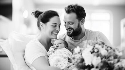 At the hospital discharge, the mother lovingly holds the newborn as the father greets them with a big bouquet of flowers, celebrating their new family.