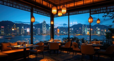 Luxurious restaurant with stunning city skyline view at night.