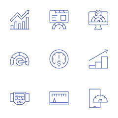 Performance icons set. Thin Line style, editable stroke. bandwidth, growth, mobile, progress, speed, speedometer