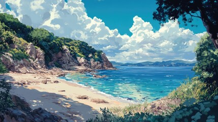 Fototapeta premium Serene Coastal Landscape with Lush Greenery and Vibrant Blue Waters Under Dramatic Clouds on a Tranquil Island Shoreline