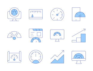 Performance icons. Line Duotone style, editable stroke. speedometer, profit, website, performance, slow, bandwidth, growth, mobile, speed