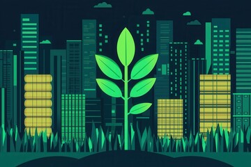 Urban Greenery Concept Depicting Plant Life Among Skyscrapers and City Architecture at Night