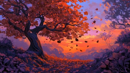 Obraz premium Autumn landscape with vibrant orange leaves falling from a majestic tree against a colorful sunset sky in a serene natural setting