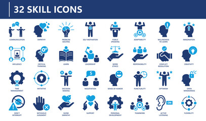 skill themed icon collection, solid icons, minimalist design.