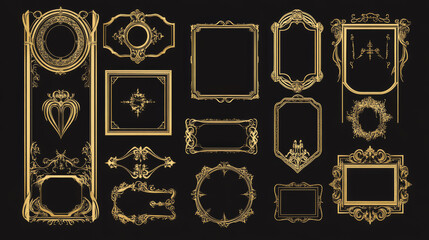 Realistic set of vintage avatar frames and game buttons isolated on black background. Vector illustration of art deco style borders for rpg interface design. Square, rectangular, round royal signs