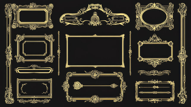 Realistic set of vintage avatar frames and game buttons isolated on black background. Vector illustration of art deco style borders for rpg interface design. Square, rectangular, round royal signs