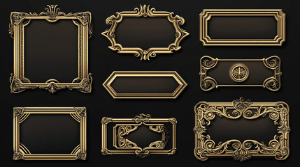 Realistic set of vintage avatar frames and game buttons isolated on black background. Vector illustration of art deco style borders for rpg interface design. Square, rectangular, round royal signs