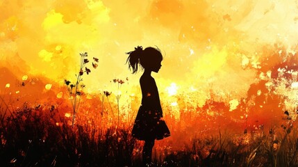 Silhouette of a joyful girl playing in a vibrant sunset landscape with warm colors and soft flowers in the foreground