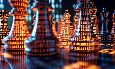 A digital chess scene with glowing pieces and binary code.