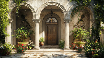 Naklejka premium Architecture arches with stone columns, antique gates for interior or exterior with pillars, palace or castle archway decorative frames. Portal entrance, antique doorways Cartoon vector illustration