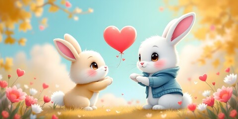 Cute Pair of Rabbits with Heart