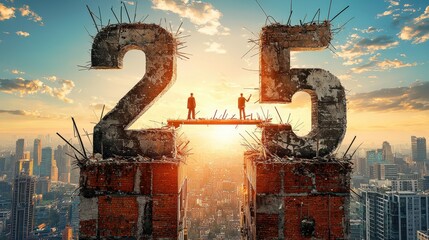 Building a bridge between numbers and low resolution symbolism in urban landscapes under a vibrant sunset viewpoint