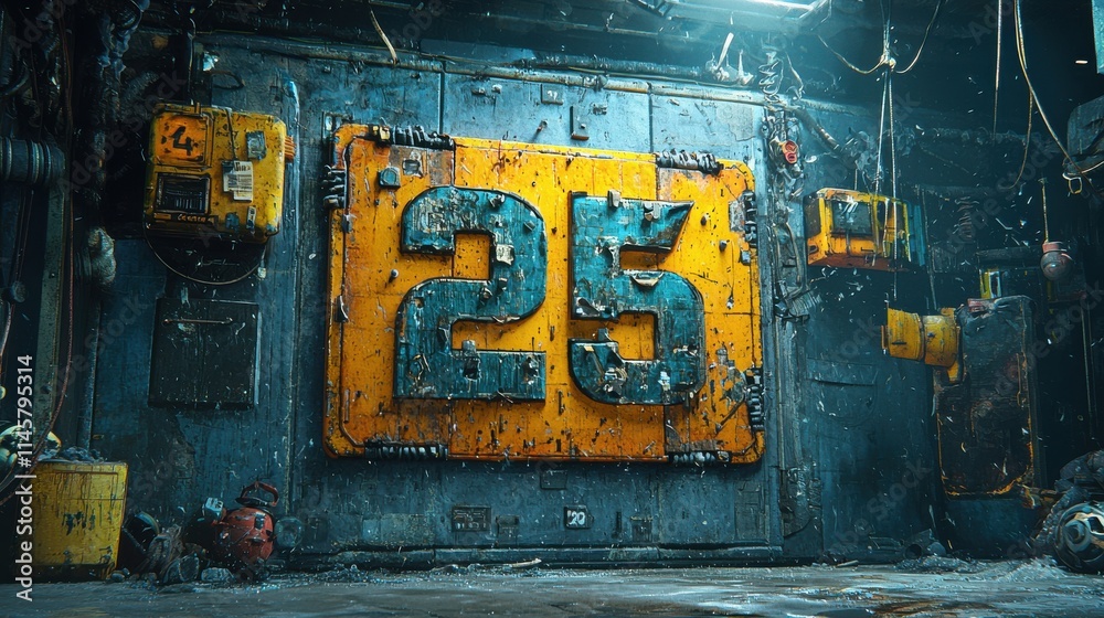Poster Cinematic countdown transitioning from high definition to low resolution in a futuristic setting captured from an industrial perspective