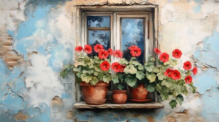 Rustic clay house window adorned with vibrant geraniums showcasing Hungarian charm and natural beauty