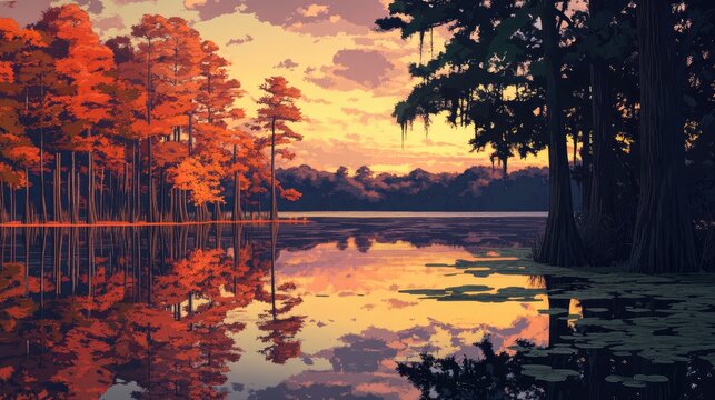 Caddo Lake serene sunset with vibrant cypress trees reflecting in calm waters showcasing autumn colors and tranquil atmosphere
