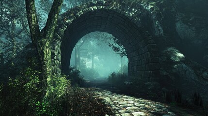 Mysterious stone tunnel leading into a misty forest path surrounded by dense trees and overgrown vegetation