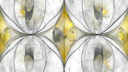 Abstract symmetrical art with grey, yellow, and white patterns.