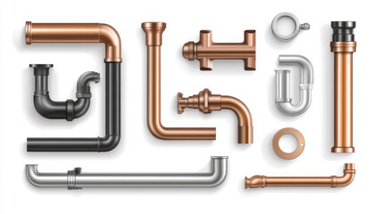 Pipes stack, straight steel or copper, metal or pvc plumbing cylinders. Industrial pieces of pipelines for conduit, factory or construction works isolated on white background. realistic 3d vector set