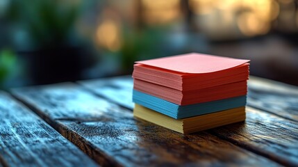 Sticky notes stack with paper collection and a wooden table represent schedule planning, agenda, reminders, empty cards, documents, memory, memos, or messages on checklists.