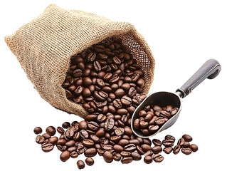 Burlap Bag with Silver Scoop and Falling Coffee Beans