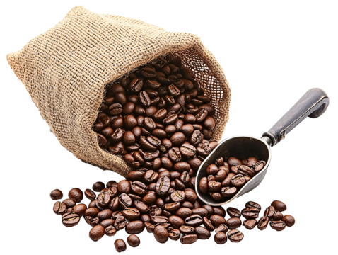 Burlap Bag with Silver Scoop and Falling Coffee Beans