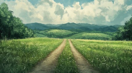 Obraz premium Scenic dirt road winding through lush green fields and hills under a bright cloudy sky in a serene rural landscape.