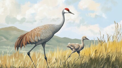 Obraz premium Baby sandhill crane and mother foraging for insects in tall grass under a scenic sky in a natural habitat setting