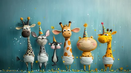 Fototapete Rund Cartoon baby animals celebrating in diapers and party hats festive setting digital art playful atmosphere low resolution - adorable fun for kids © thanarak