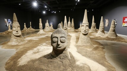 Sand sculptures of serene faces and conical forms arranged in a gallery setting.