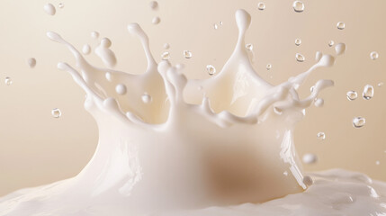 Milk splash or round swirl realistic vector illustration. Natural dairy product, yogurt or cream in crown splash with flying drops, for packaging design isolated on blue background