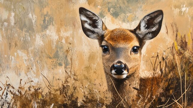 Portrait of a young wild roe deer standing amidst grass and brush in a serene natural setting showcasing wildlife beauty and tranquility.