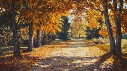 Fototapeta premium Autumn scenery with vibrant fallen leaves on a serene park pathway surrounded by lush trees in warm golden hues.
