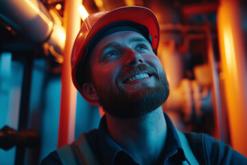 Fototapeta premium Offshore engineer smiling, checking pipeline connections on a rig, looking at camera, Close-up outdoors portrait