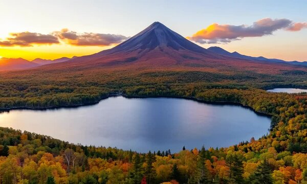 Breathtaking Volcano at Sunset with Serene Lake