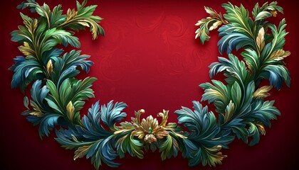 Ornate Green And Gold Leaf Frame On Red Background