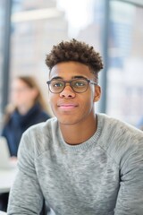 Young African American Male Student with Glasses in Classroom Setting