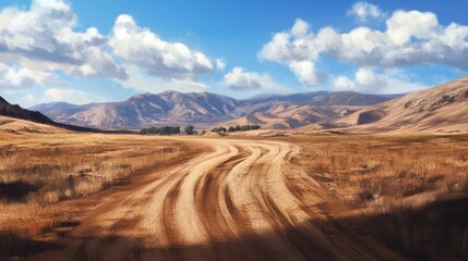 Naklejka premium Scenic dirt track winding through a semi-desert valley with mountains and blue sky in the background