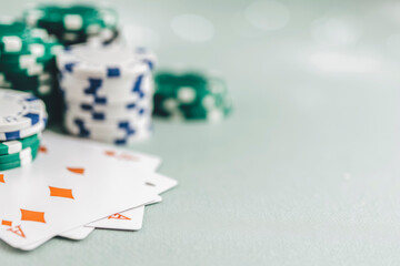Casino Night: Poker Chips and Playing Cards on Green Felt Table