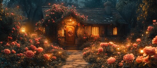 Obraz premium Charming cottage surrounded by vibrant flowers and soft glowing lights in a serene garden setting at twilight